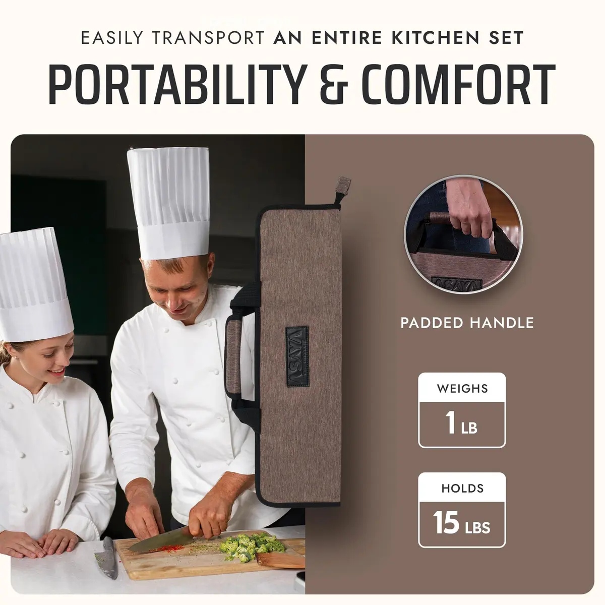 Asaya Chef Knife Roll Bag - 12-Pocket Travel Case for Kitchen Knives, Lightweight Stain-Resistant Nylon (Brown) | Secure & Portable - view 5