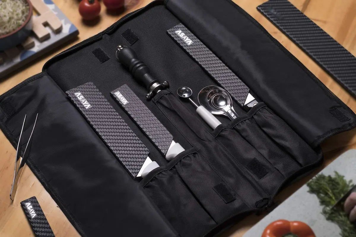 Asaya Chef Knife Roll Bag - 12-Pocket Travel Case for Kitchen Knives, Lightweight Stain-Resistant Nylon (Brown) | Secure & Portable - view 6