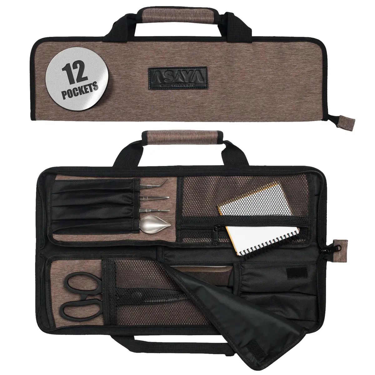 Asaya Chef Knife Roll Bag - 12-Pocket Travel Case for Kitchen Knives, Lightweight Stain-Resistant Nylon (Brown) | Secure & Portable - main product image