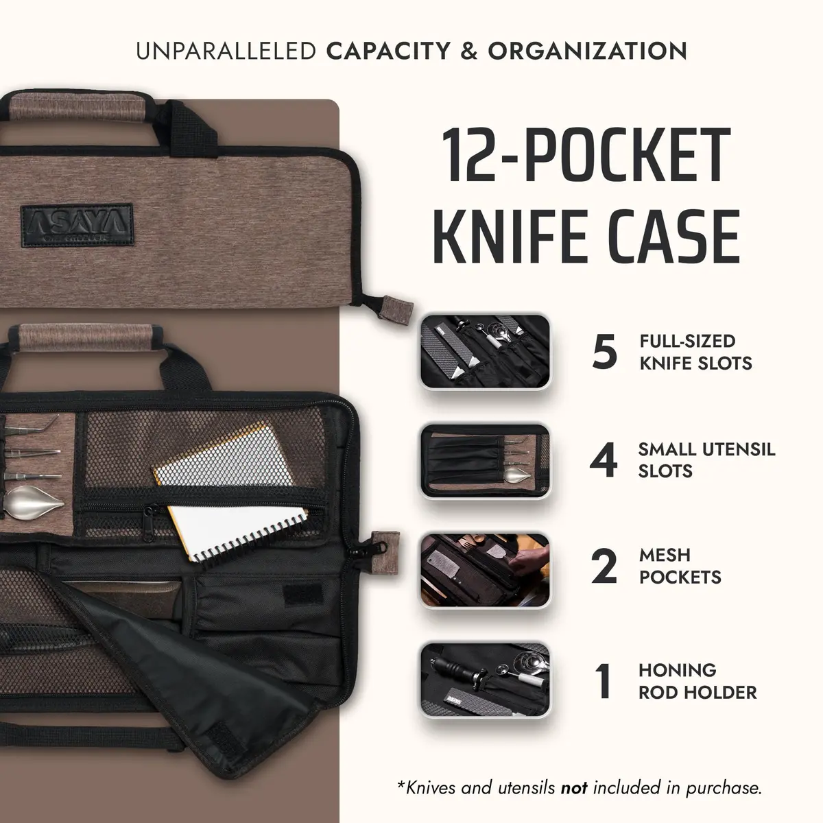 Asaya Chef Knife Roll Bag - 12-Pocket Travel Case for Kitchen Knives, Lightweight Stain-Resistant Nylon (Brown) | Secure & Portable - view 2