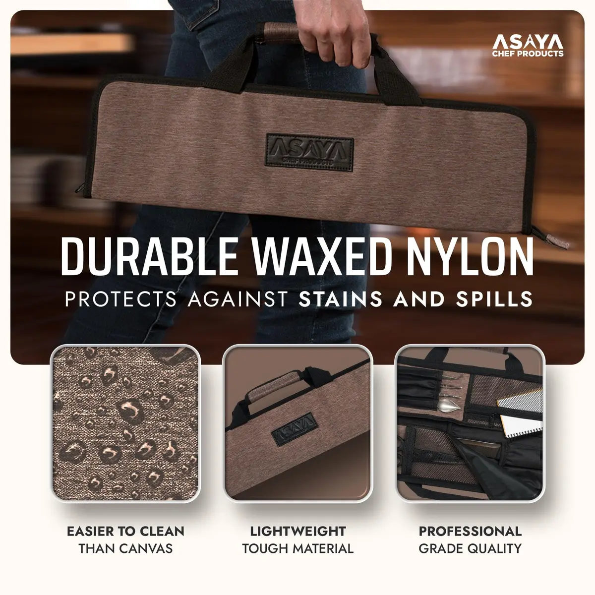 Asaya Chef Knife Roll Bag - 12-Pocket Travel Case for Kitchen Knives, Lightweight Stain-Resistant Nylon (Brown) | Secure & Portable - view 3