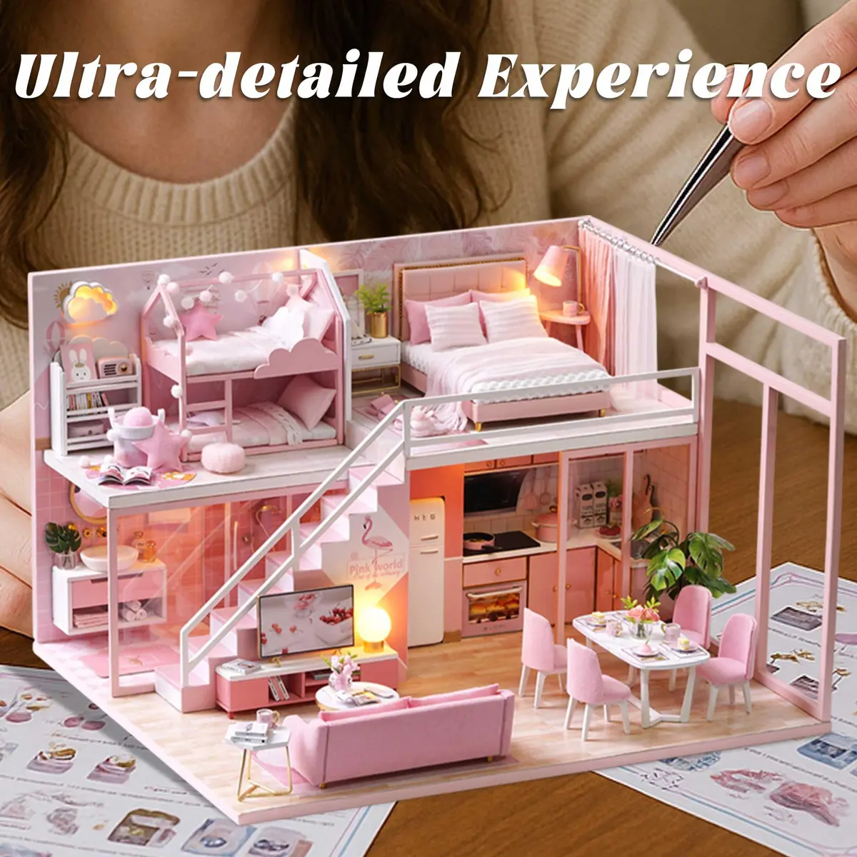 Flever "Meeting Your Sweet" DIY Miniature Dollhouse Kit with Furniture & Dust Cover, 1:32 Scale | Ages 14+ - view 9