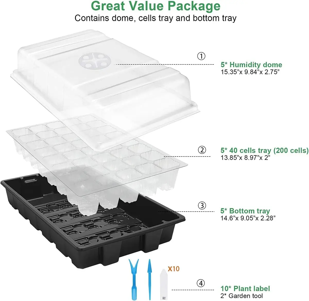 MIXC 5 Pack Seed Starter Tray with Dome & Tools, 200 Cells Total (40 Cells/Tray) | Mini Propagator Greenhouse Grow Kit - view 6