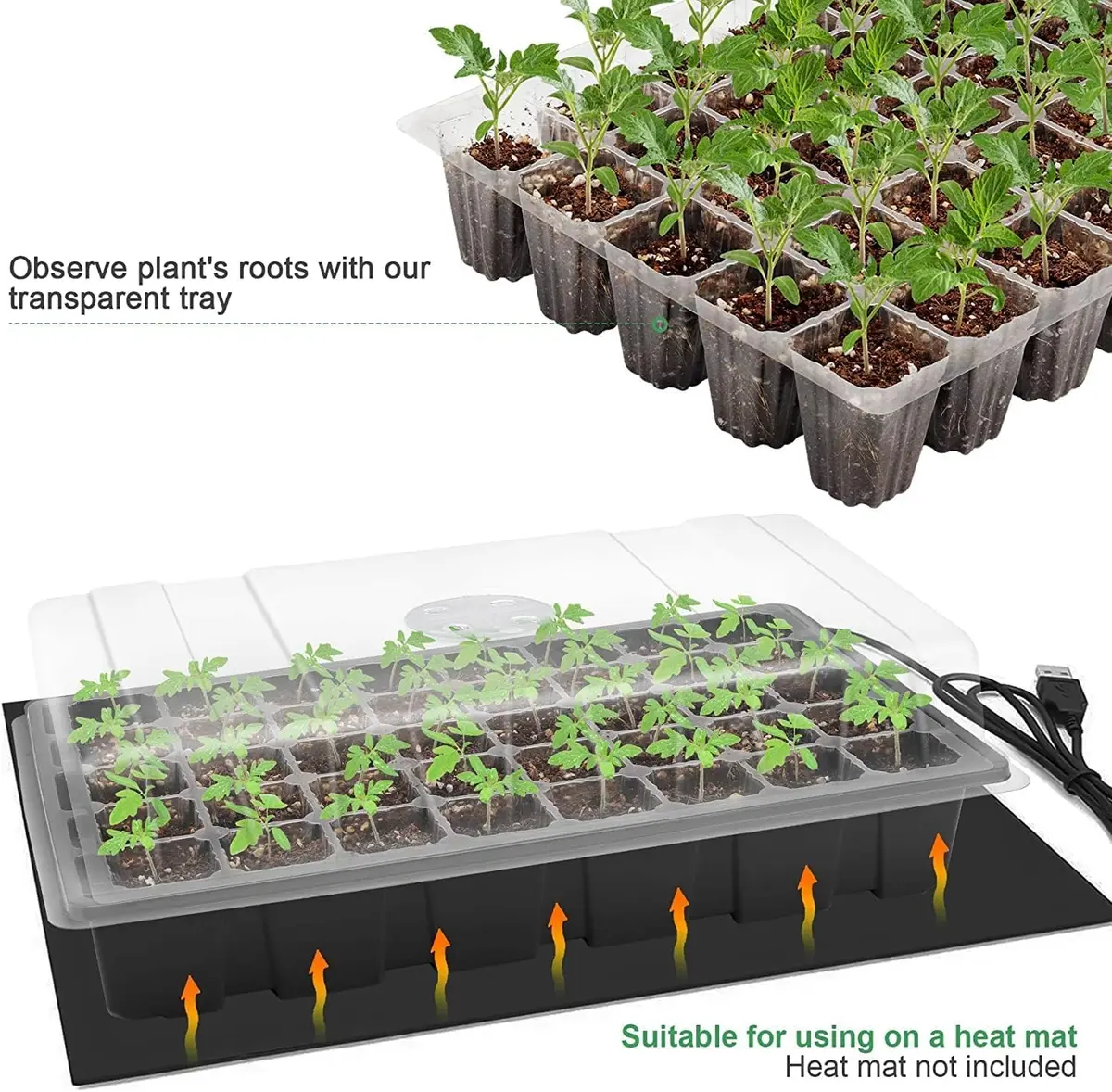 MIXC 5 Pack Seed Starter Tray with Dome & Tools, 200 Cells Total (40 Cells/Tray) | Mini Propagator Greenhouse Grow Kit - view 3