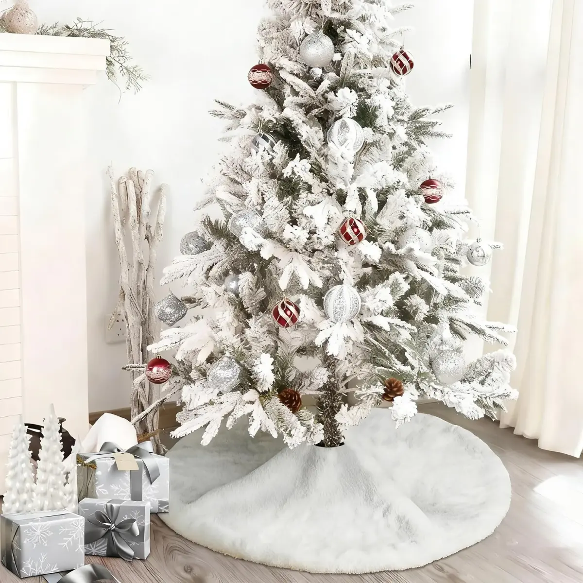 yuboo White Fluffy Fur Christmas Tree Skirt 76cm (30 inches) | Soft Faux Fur Rug for 4ft Slim Trees - main product image