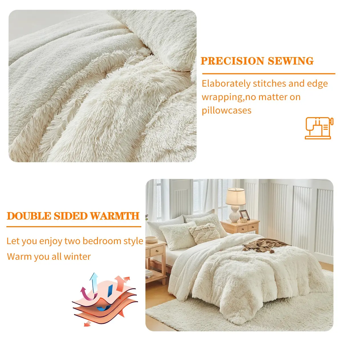 UOZZI BEDDING Faux Fur Shaggy Comforter Queen 90x90 in Cream White | Ultra Soft & Warm - view 5