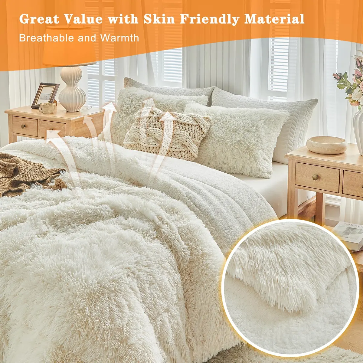 UOZZI BEDDING Faux Fur Shaggy Comforter Queen 90x90 in Cream White | Ultra Soft & Warm - view 6