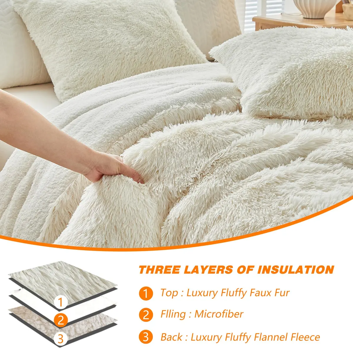 UOZZI BEDDING Faux Fur Shaggy Comforter Queen 90x90 in Cream White | Ultra Soft & Warm - view 7