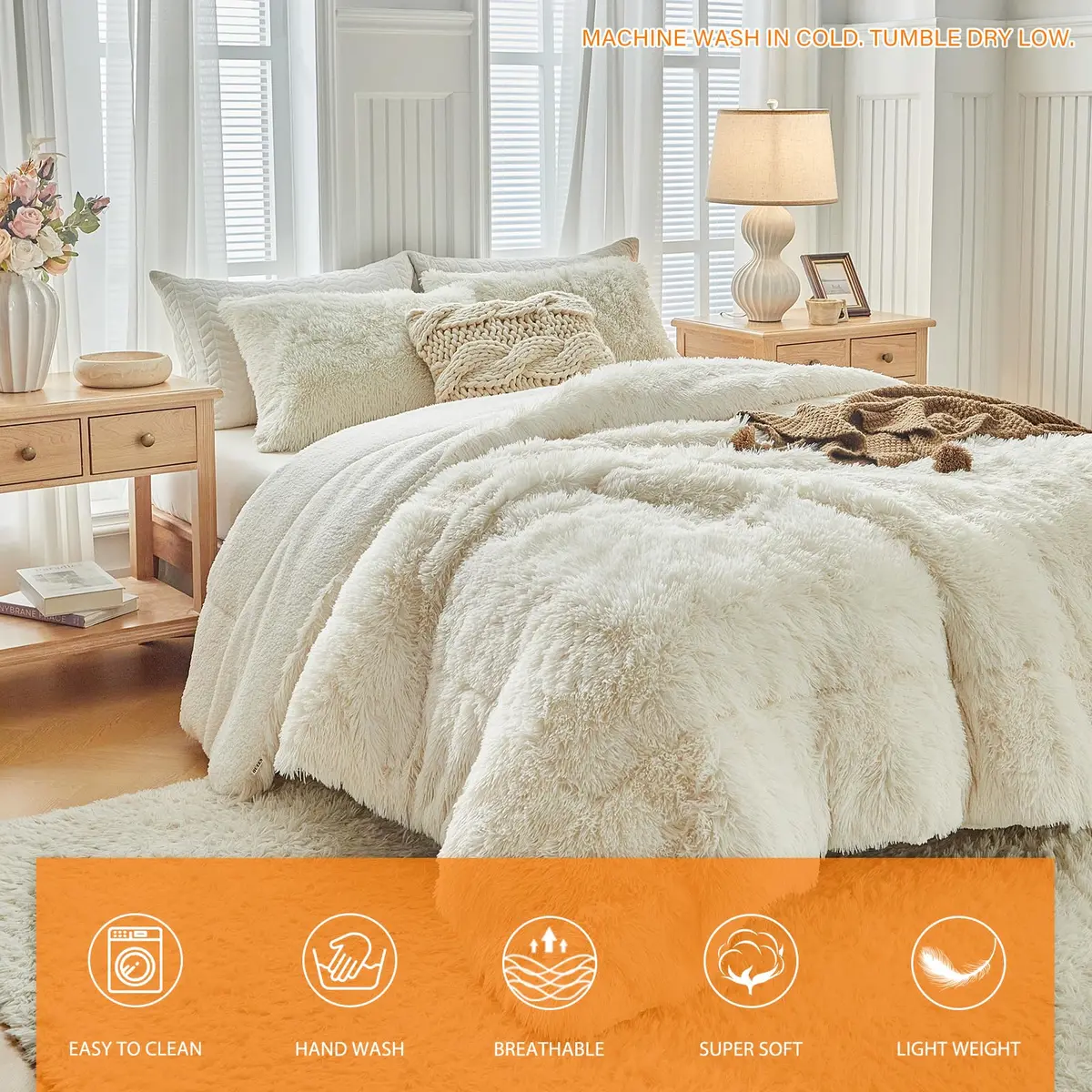 UOZZI BEDDING Faux Fur Shaggy Comforter Queen 90x90 in Cream White | Ultra Soft & Warm - view 8