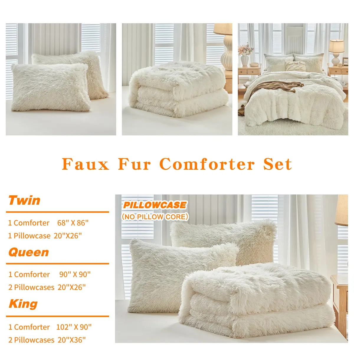UOZZI BEDDING Faux Fur Shaggy Comforter Queen 90x90 in Cream White | Ultra Soft & Warm - view 9