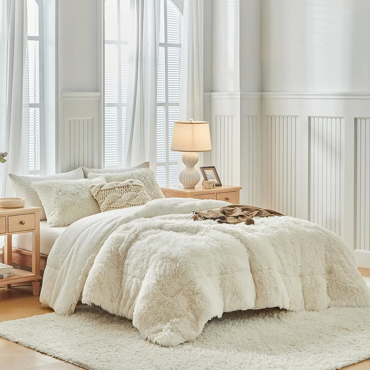UOZZI BEDDING Faux Fur Shaggy Comforter Queen 90x90 in Cream White | Ultra Soft & Warm - view 3