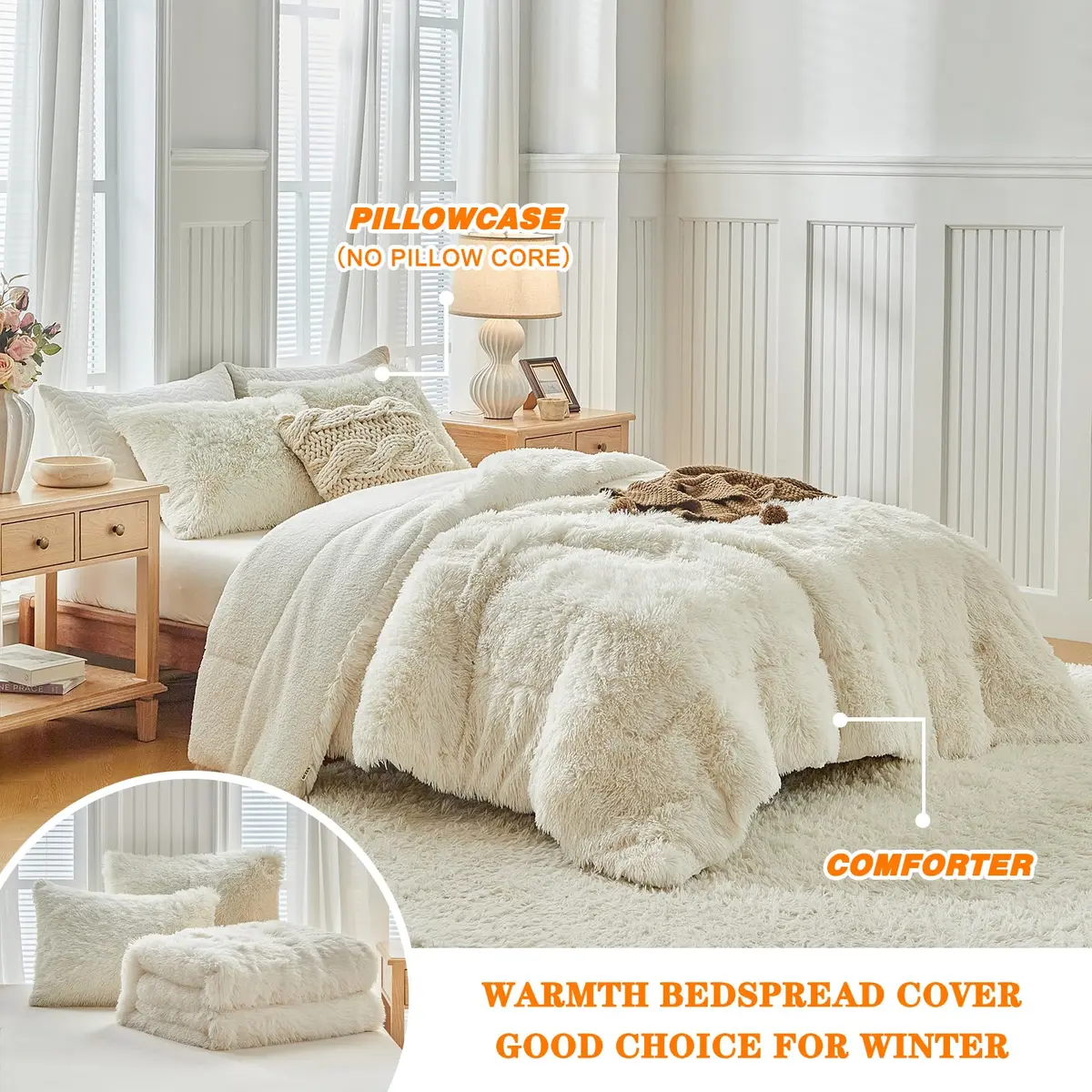 UOZZI BEDDING Faux Fur Shaggy Comforter Queen 90x90 in Cream White | Ultra Soft & Warm - view 4