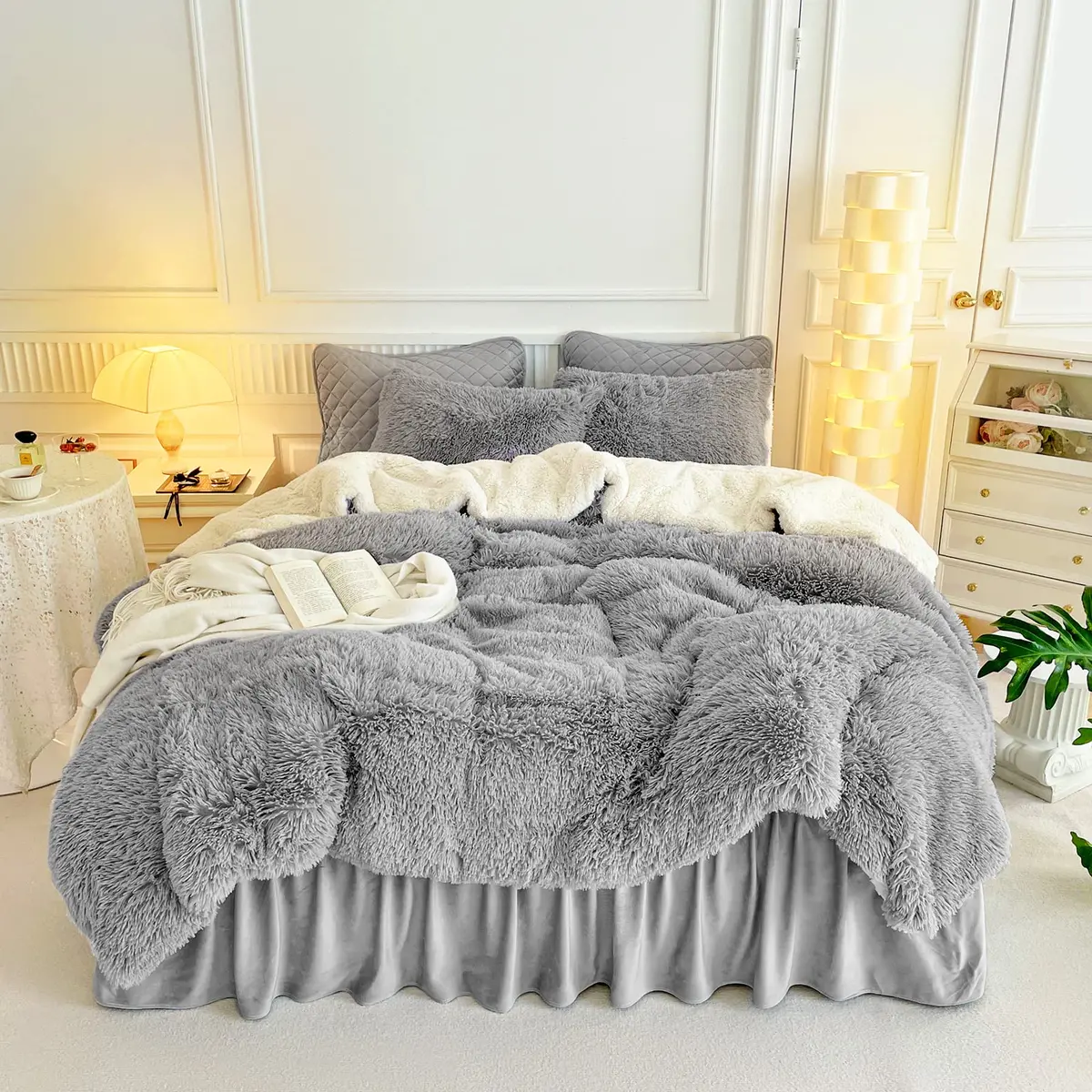 UOZZI BEDDING Gray Faux Fur Comforter Set Full/Queen | Ultra Soft Winter Bedding - main product image
