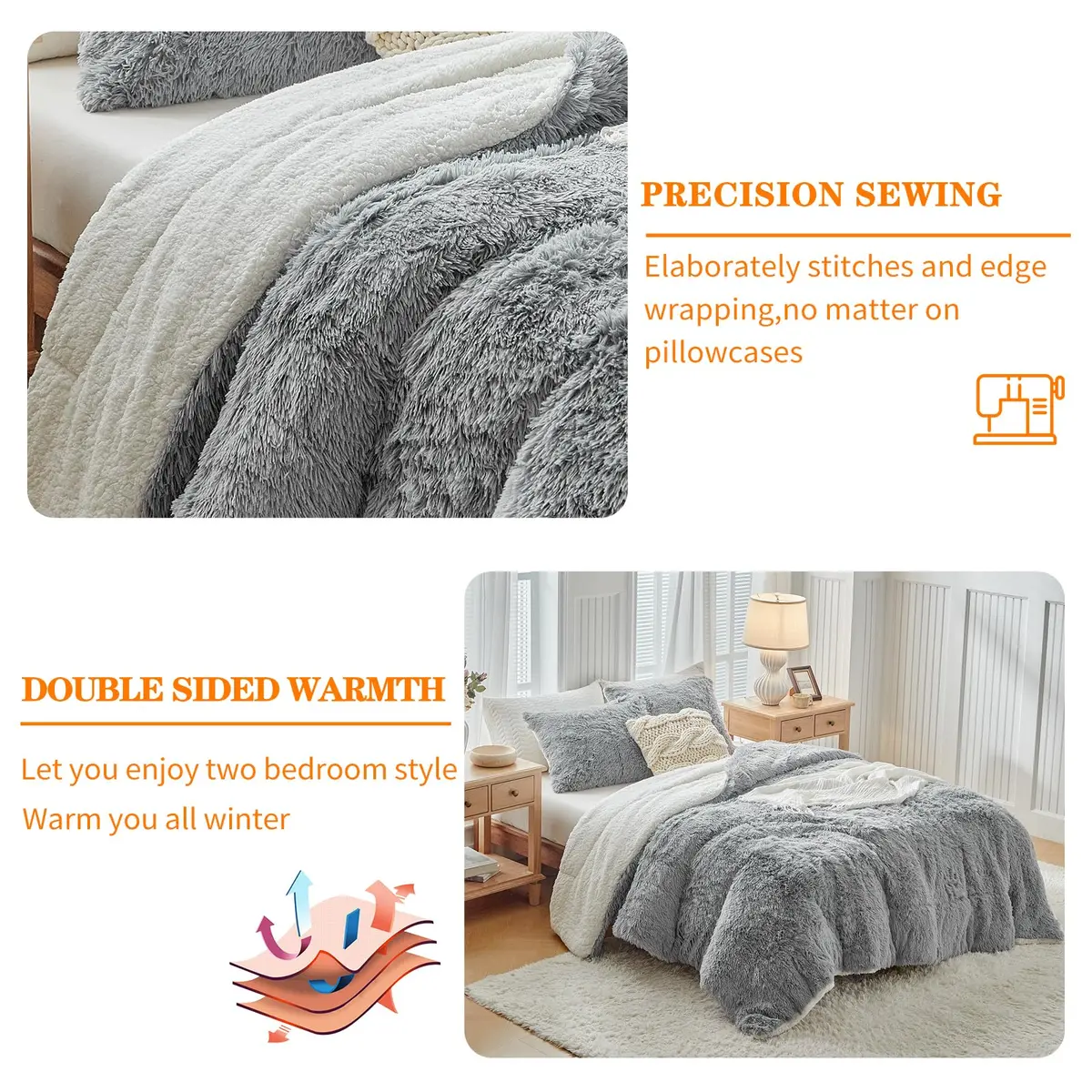 UOZZI BEDDING Gray Faux Fur Comforter Set Full/Queen | Ultra Soft Winter Bedding - view 5