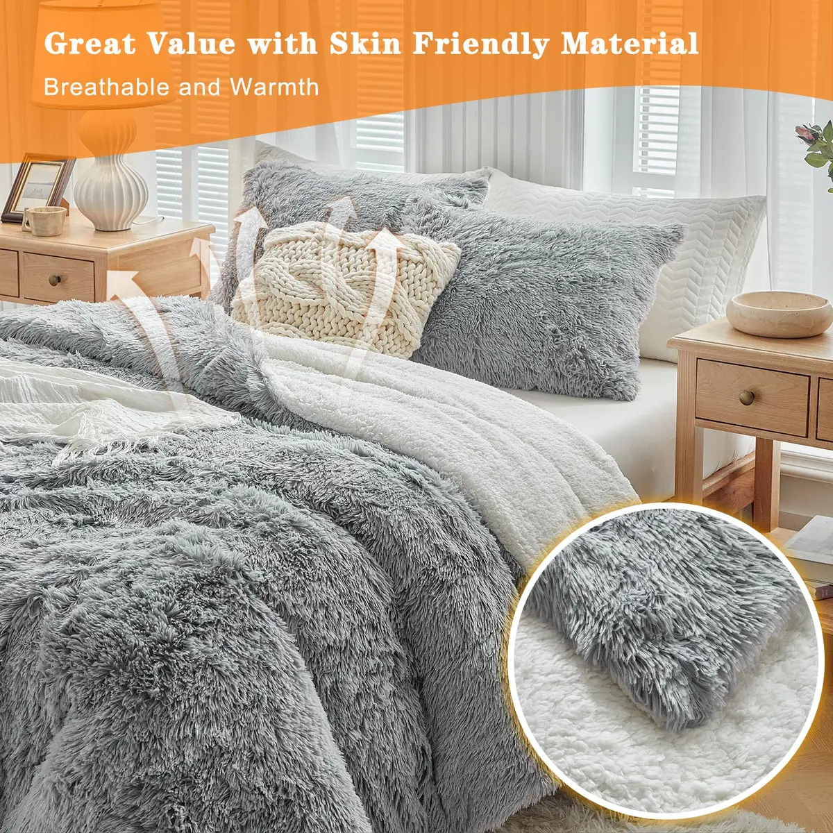UOZZI BEDDING Gray Faux Fur Comforter Set Full/Queen | Ultra Soft Winter Bedding - view 6