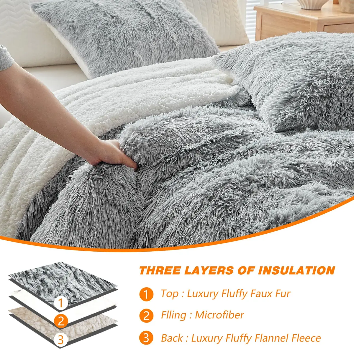 UOZZI BEDDING Gray Faux Fur Comforter Set Full/Queen | Ultra Soft Winter Bedding - view 7