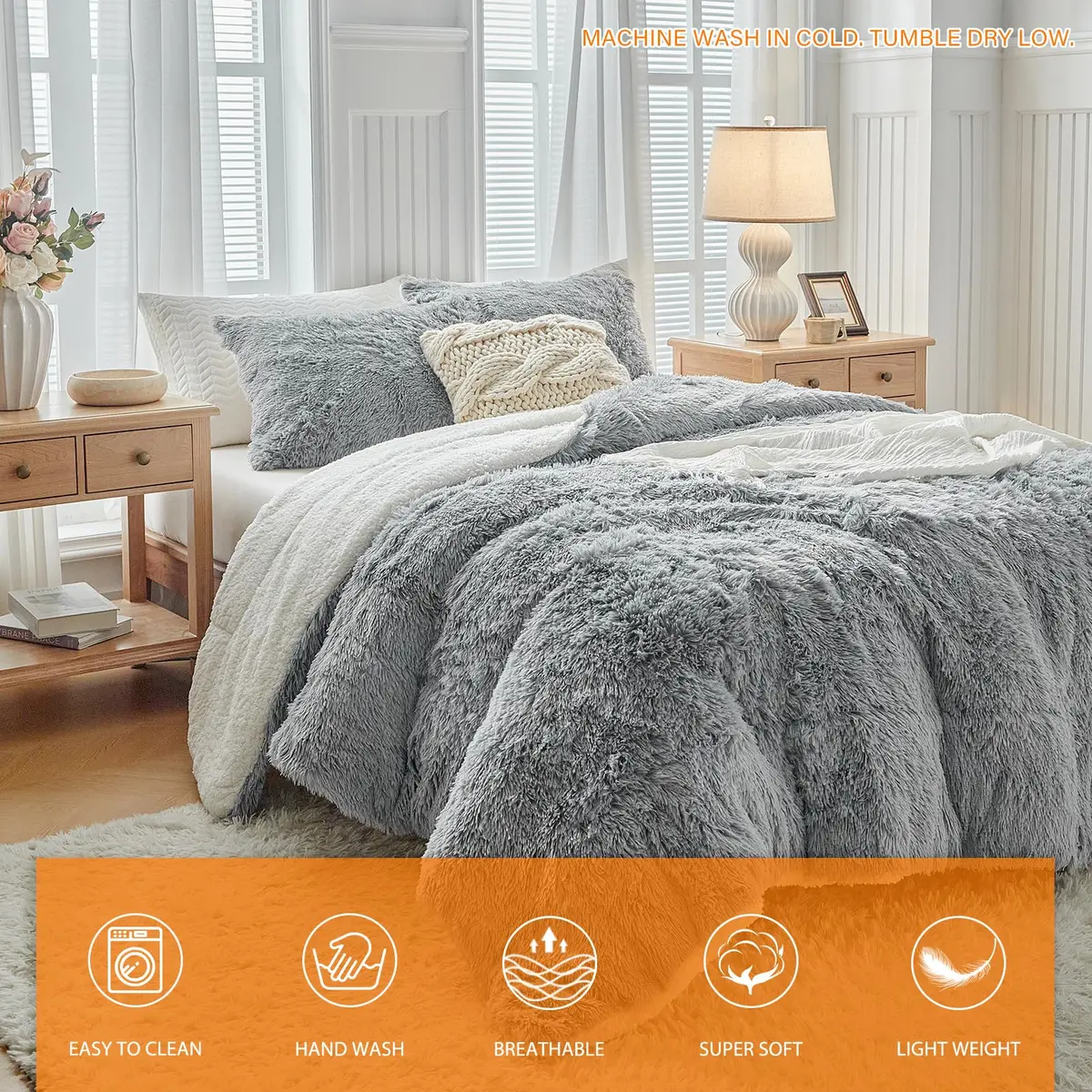 UOZZI BEDDING Gray Faux Fur Comforter Set Full/Queen | Ultra Soft Winter Bedding - view 8