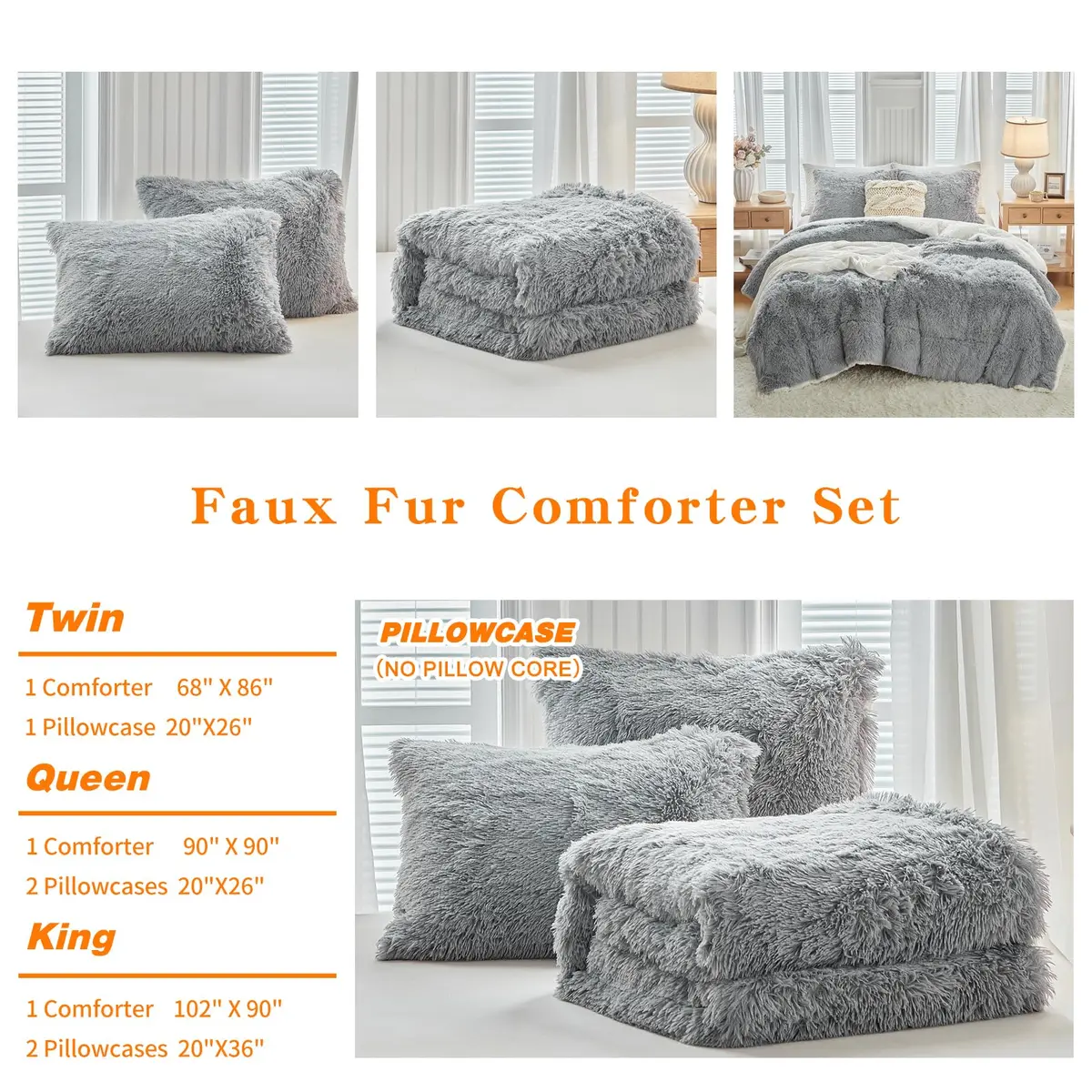 UOZZI BEDDING Gray Faux Fur Comforter Set Full/Queen | Ultra Soft Winter Bedding - view 9