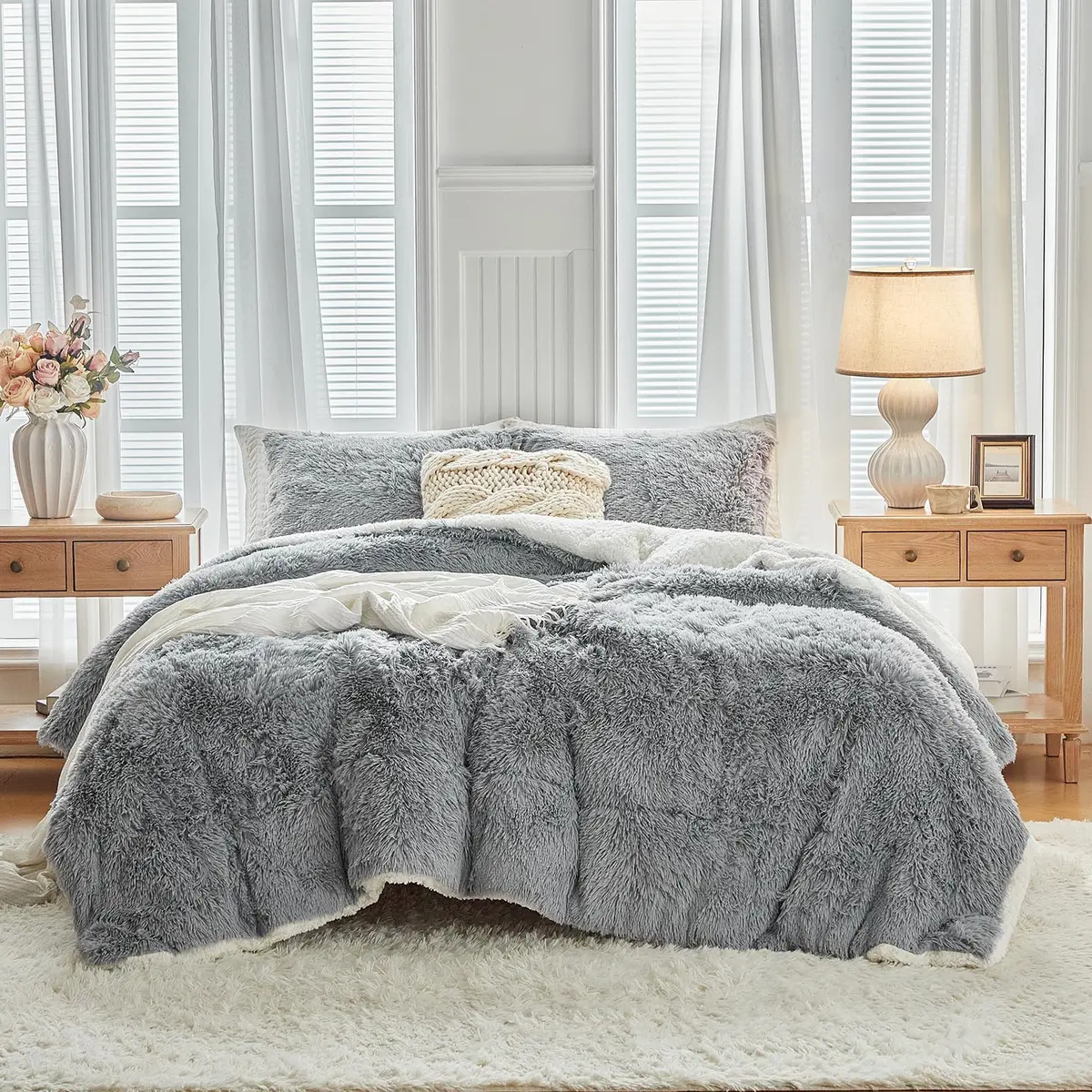 UOZZI BEDDING Gray Faux Fur Comforter Set Full/Queen | Ultra Soft Winter Bedding - view 2