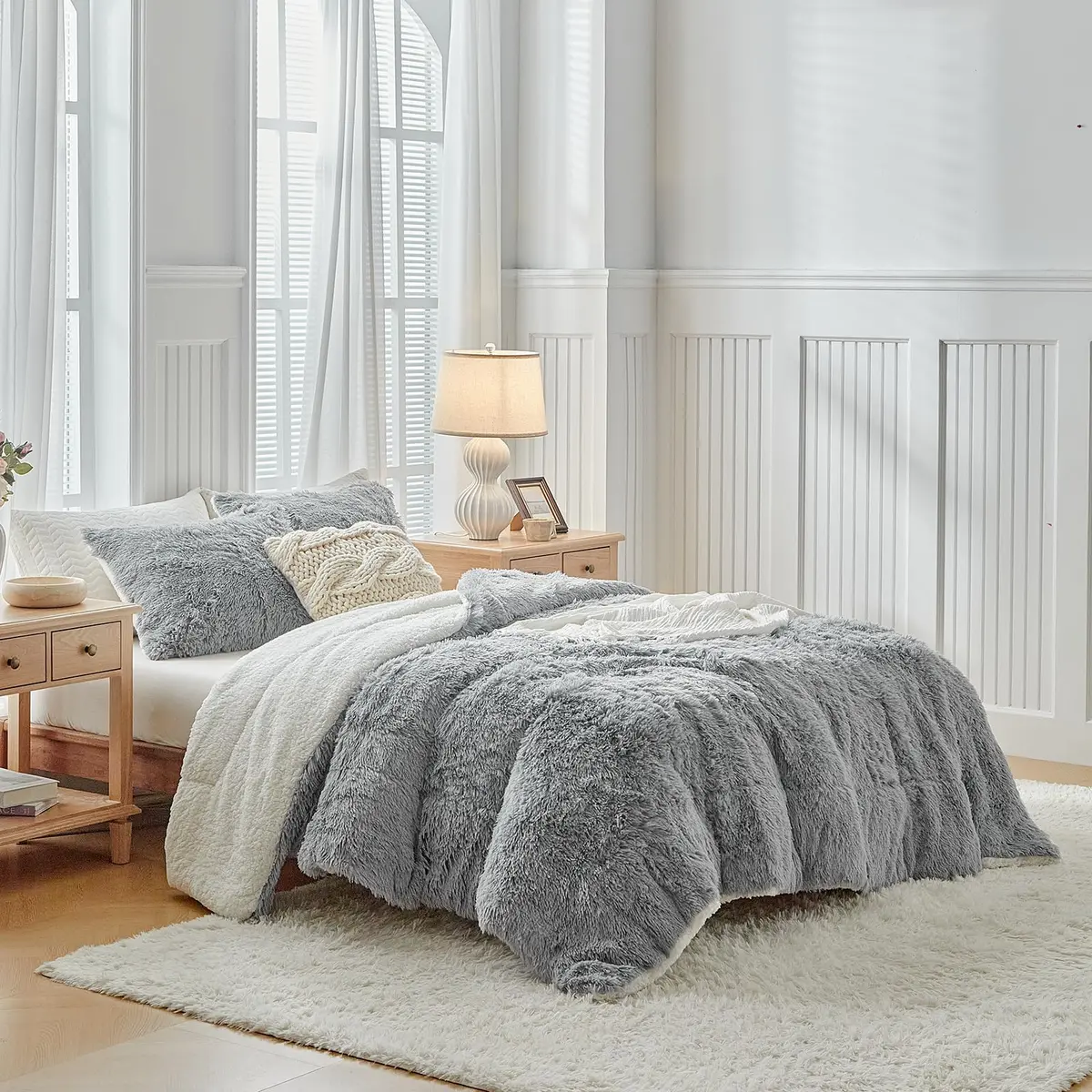 UOZZI BEDDING Gray Faux Fur Comforter Set Full/Queen | Ultra Soft Winter Bedding - view 3