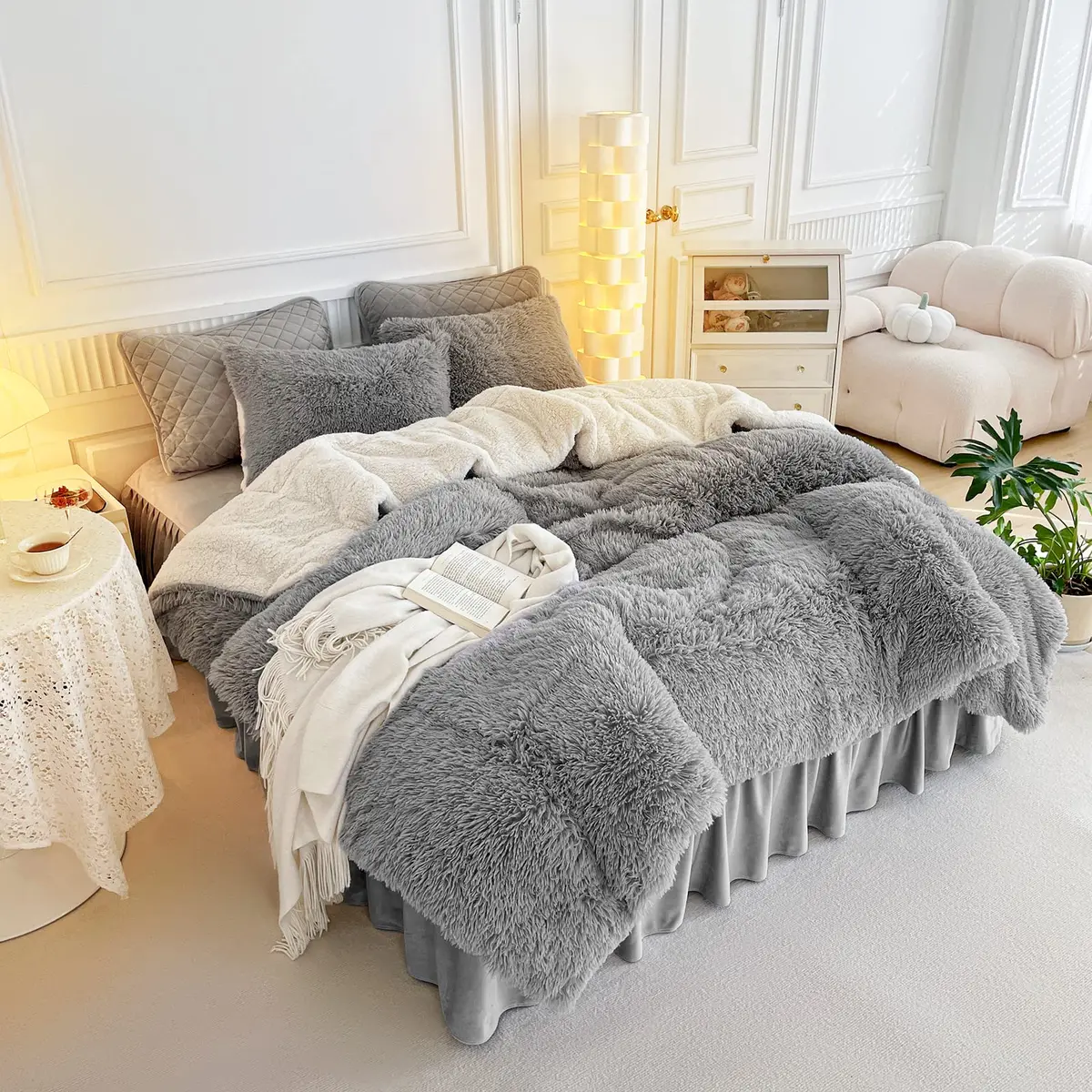 UOZZI BEDDING Gray Faux Fur Comforter Set Full/Queen | Ultra Soft Winter Bedding - view 4