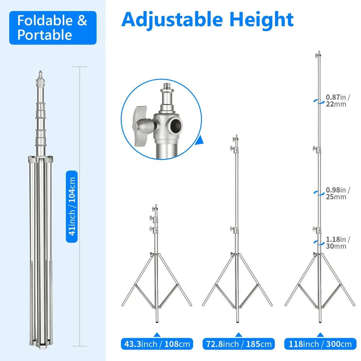 NEEWER 118"/3m Stainless Steel Light Stand, Spring Cushioned Heavy Duty | Adjustable & Durable - view 6