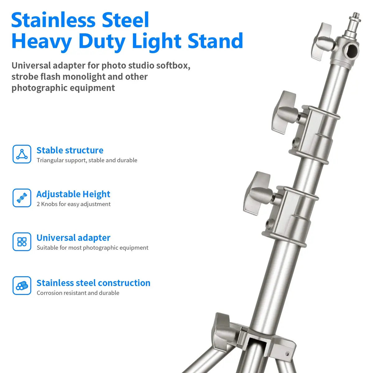 NEEWER 118"/3m Stainless Steel Light Stand, Spring Cushioned Heavy Duty | Adjustable & Durable - view 2