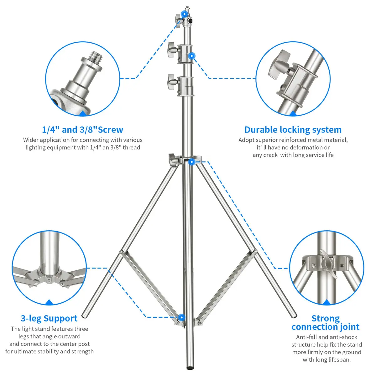 NEEWER 118"/3m Stainless Steel Light Stand, Spring Cushioned Heavy Duty | Adjustable & Durable - view 3