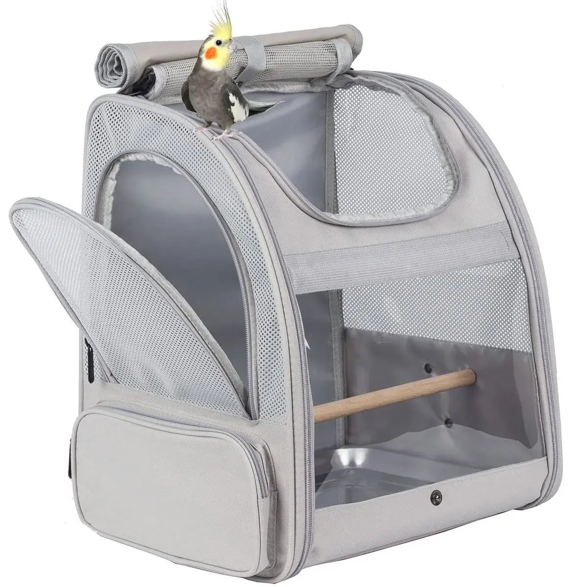 ORIZZP Bird Backpack Travel Carrier with Stand Perch & Shade Cover, Airline Approved Grey 38cm (15 inch) | Bird Backpack for Travel & Hiking - main product image