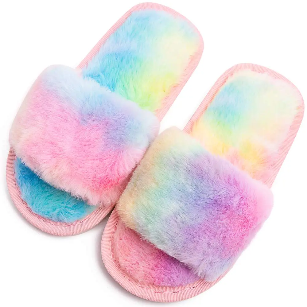 techcity Kids Fuzzy House Slippers Rainbow 8.5-9.5 Toddler | Plush Faux Fur Comfort - main product image