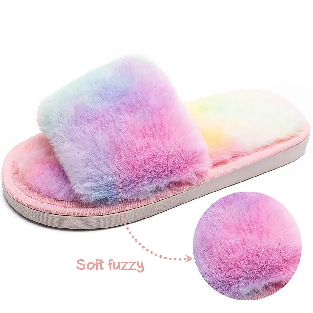 techcity Kids Fuzzy House Slippers Rainbow 8.5-9.5 Toddler | Plush Faux Fur Comfort - view 5
