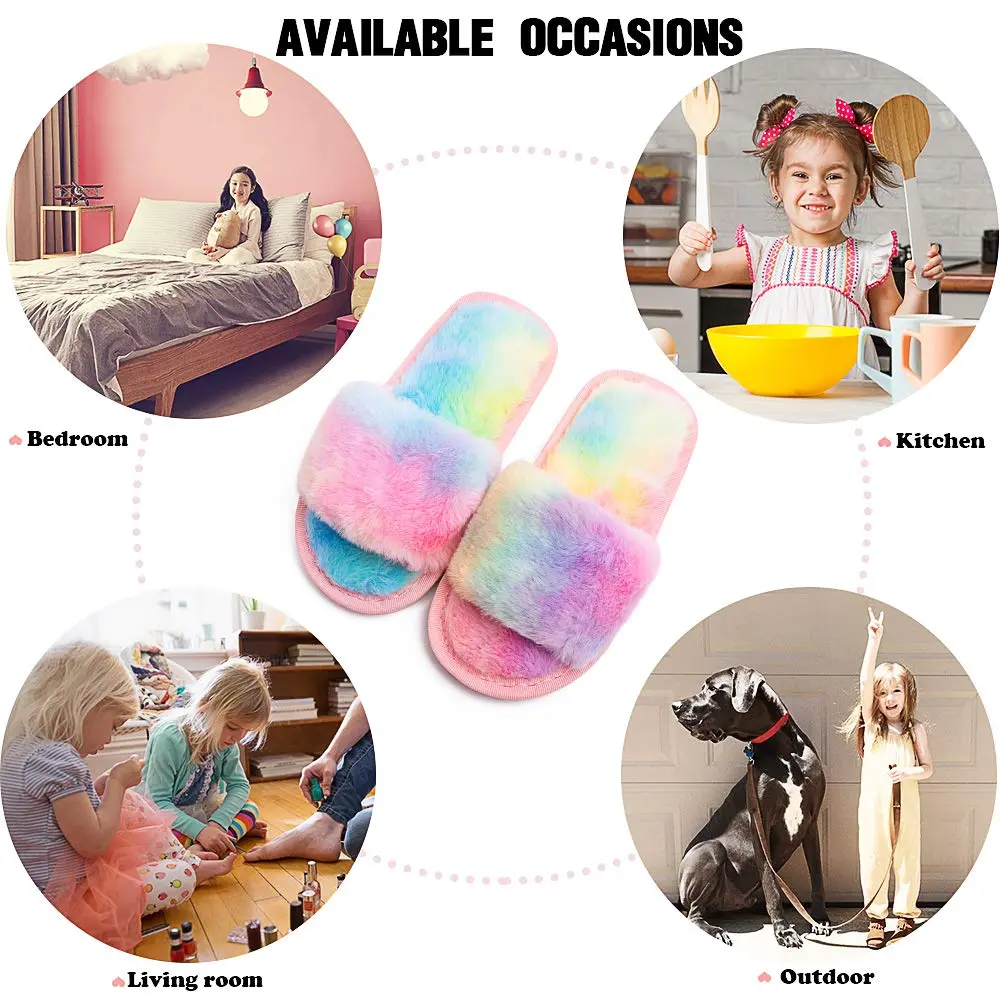 techcity Kids Fuzzy House Slippers Rainbow 8.5-9.5 Toddler | Plush Faux Fur Comfort - view 6