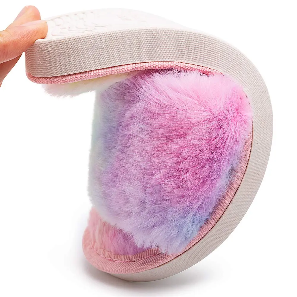 techcity Kids Fuzzy House Slippers Rainbow 8.5-9.5 Toddler | Plush Faux Fur Comfort - view 2