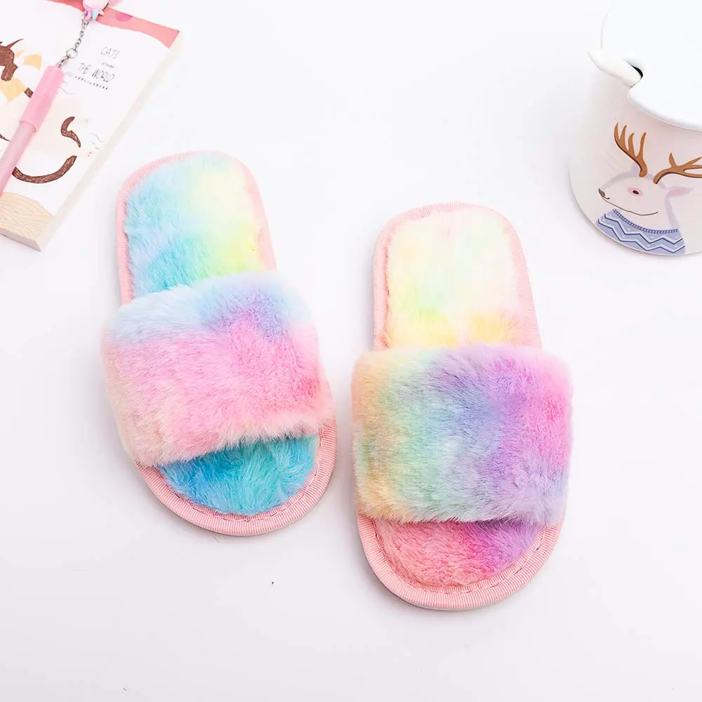 techcity Kids Fuzzy House Slippers Rainbow 8.5-9.5 Toddler | Plush Faux Fur Comfort - view 3