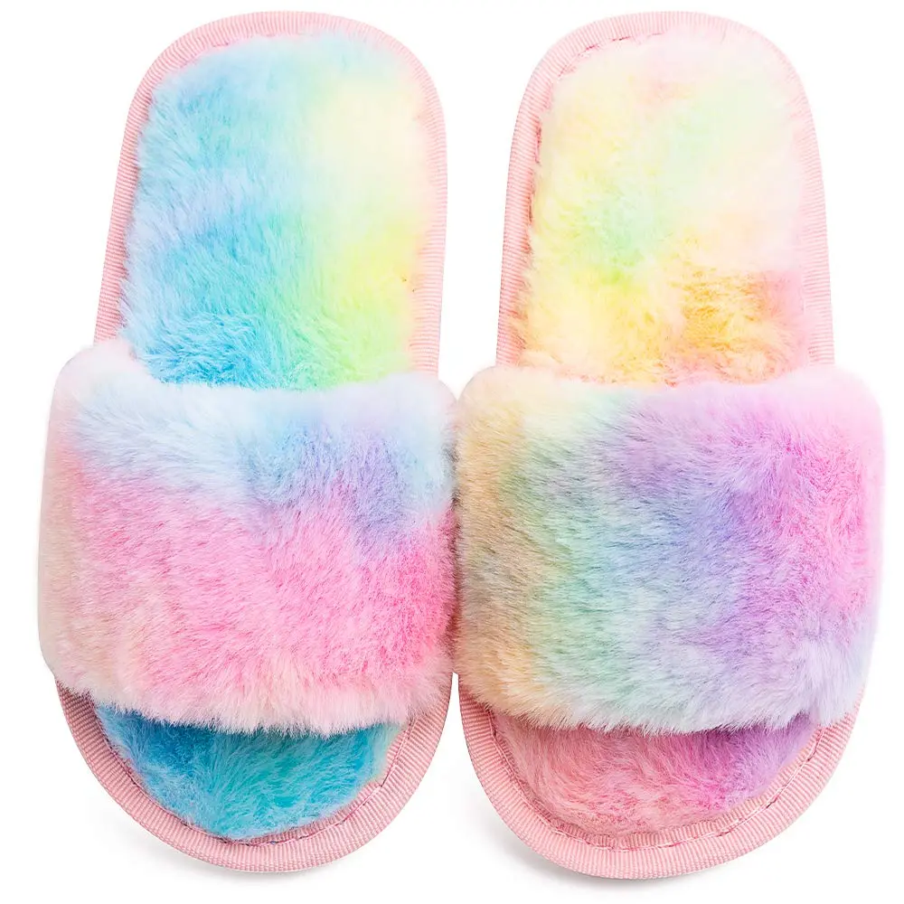techcity Kids Fuzzy House Slippers Rainbow 8.5-9.5 Toddler | Plush Faux Fur Comfort - view 4