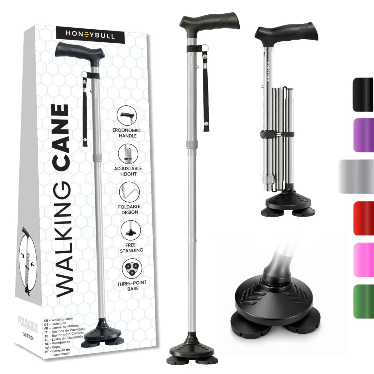 HONEYBULL Foldable Walking Cane Silver | Adjustable Height 76-91cm (30"-36") Free Standing Pivot Base - main product image