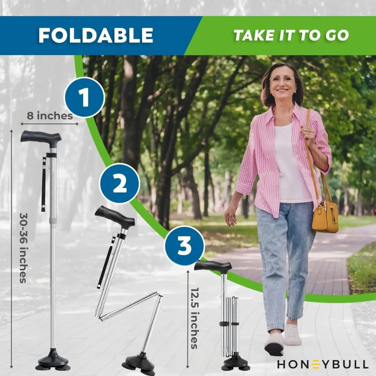 HONEYBULL Foldable Walking Cane Silver | Adjustable Height 76-91cm (30"-36") Free Standing Pivot Base - view 6
