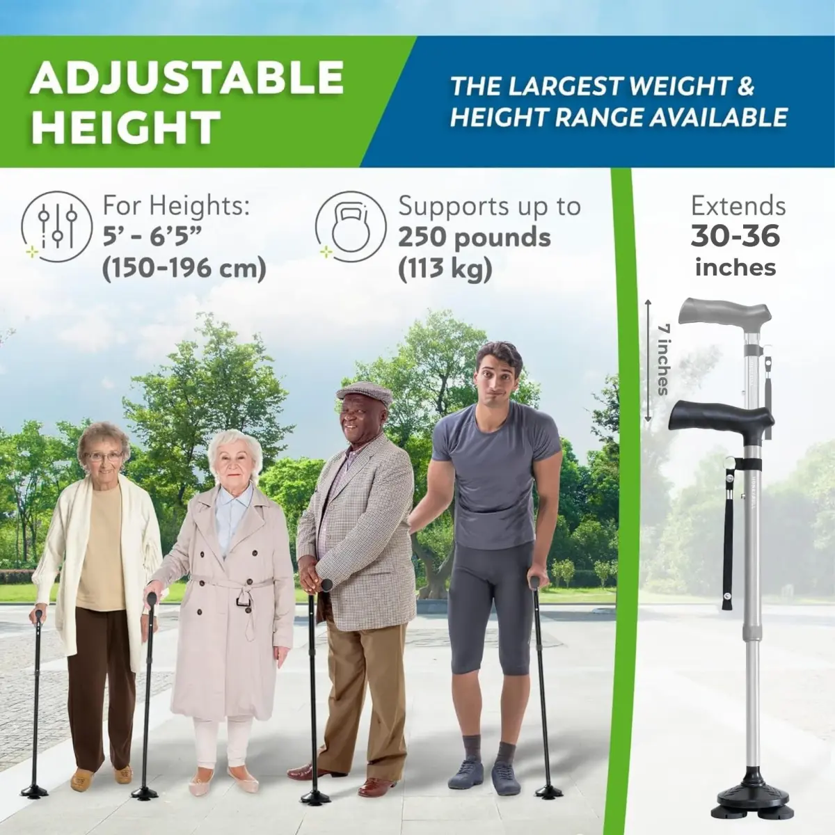 HONEYBULL Foldable Walking Cane Silver | Adjustable Height 76-91cm (30"-36") Free Standing Pivot Base - view 7