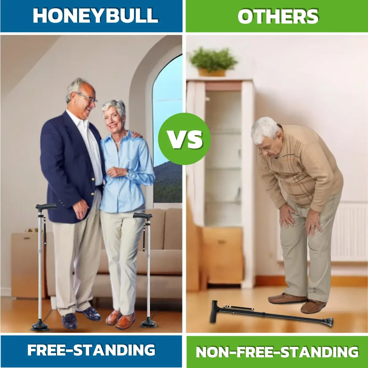 HONEYBULL Foldable Walking Cane Silver | Adjustable Height 76-91cm (30"-36") Free Standing Pivot Base - view 4