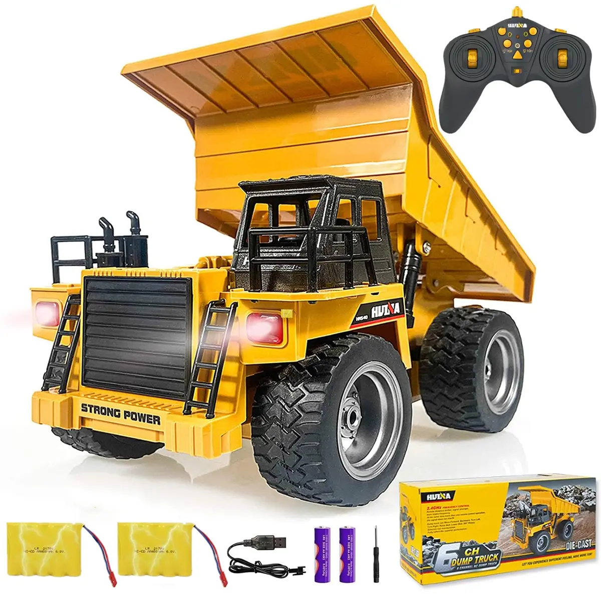 HuiNa 1:18 Scale RC Dump Truck Yellow | 6-Channel Full Functional Metal Construction Toy - main product image