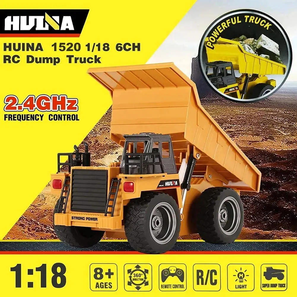 HuiNa 1:18 Scale RC Dump Truck Yellow | 6-Channel Full Functional Metal Construction Toy - view 4