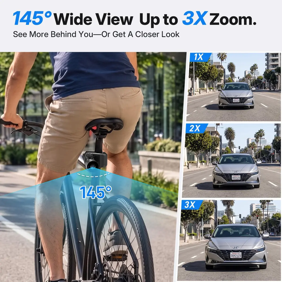 FEISIKE 4.3" IPS Bike Camera Rear View Monitor with 3X Zoom & 145° Wide Angle | Real-Time Traffic Monitoring - view 3