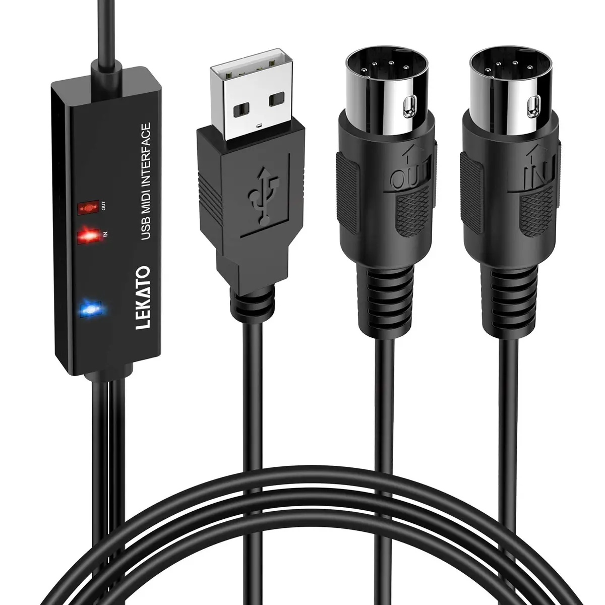 LEKATO USB MIDI Cable 2m (6.5ft) with 16-Channel Input/Output Indicators | Plug & Play MIDI to USB Keyboard Controller for Windows/Mac - main product image