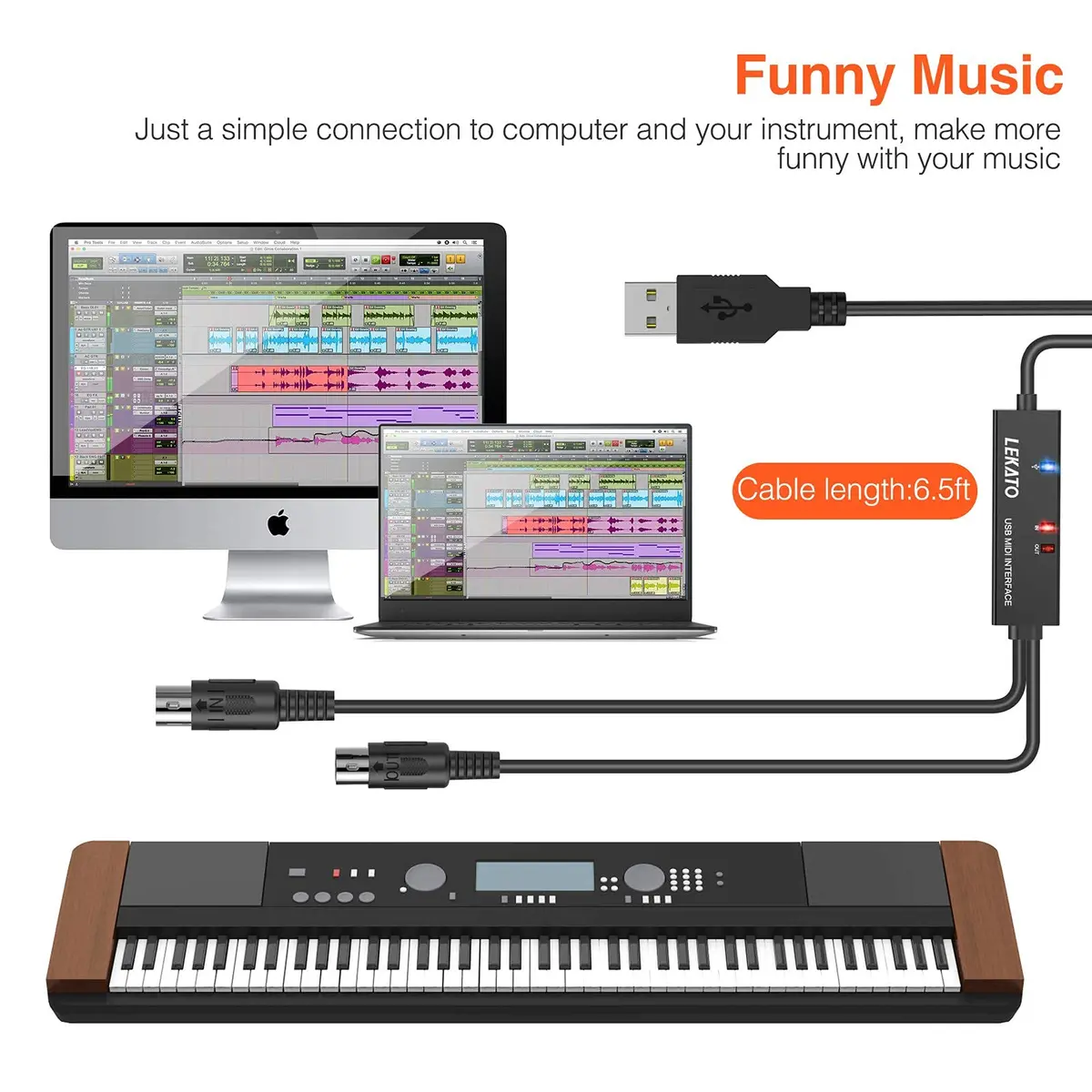 LEKATO USB MIDI Cable 2m (6.5ft) with 16-Channel Input/Output Indicators | Plug & Play MIDI to USB Keyboard Controller for Windows/Mac - view 5