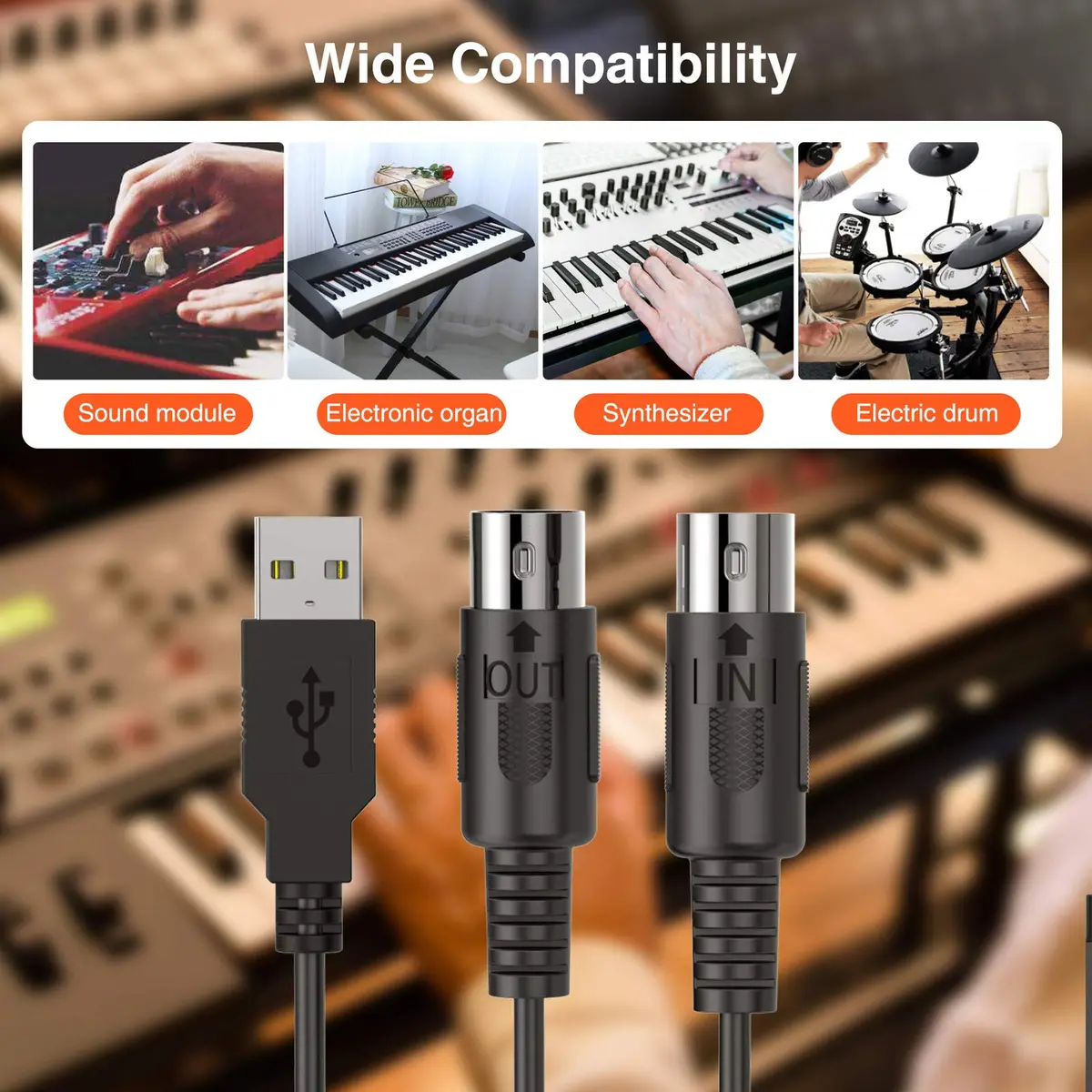 LEKATO USB MIDI Cable 2m (6.5ft) with 16-Channel Input/Output Indicators | Plug & Play MIDI to USB Keyboard Controller for Windows/Mac - view 6