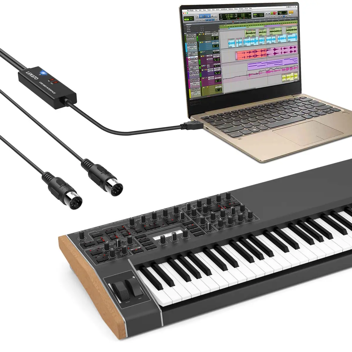 LEKATO USB MIDI Cable 2m (6.5ft) with 16-Channel Input/Output Indicators | Plug & Play MIDI to USB Keyboard Controller for Windows/Mac - view 7