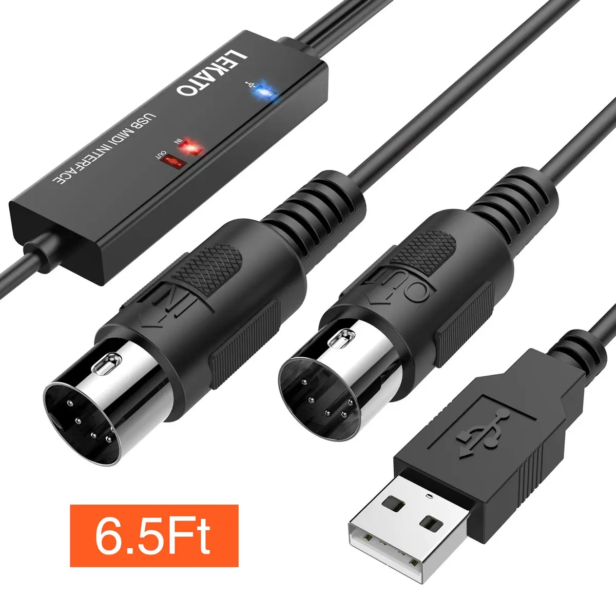 LEKATO USB MIDI Cable 2m (6.5ft) with 16-Channel Input/Output Indicators | Plug & Play MIDI to USB Keyboard Controller for Windows/Mac - view 8