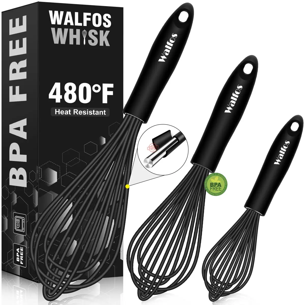 Walfos 7"+9"+11" Stainless Steel Balloon Whisk Set in Black - 3-Piece Heavy Duty Egg Frother - main product image