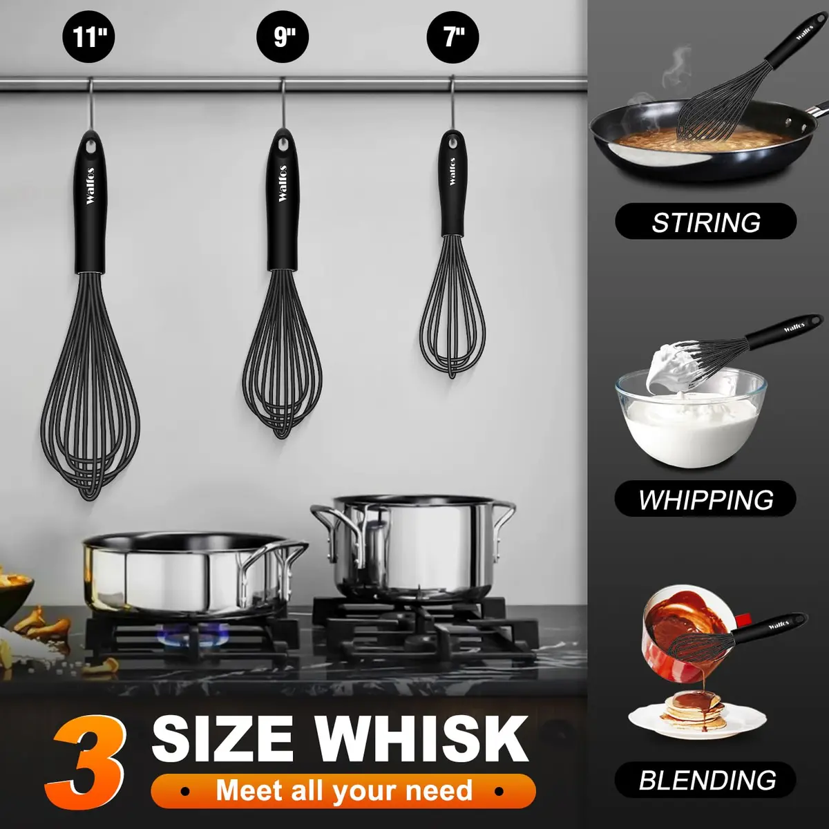 Walfos Silicone Whisk Set of 3 | Heat Resistant Kitchen Utensils for Non-stick Cookware - view 5