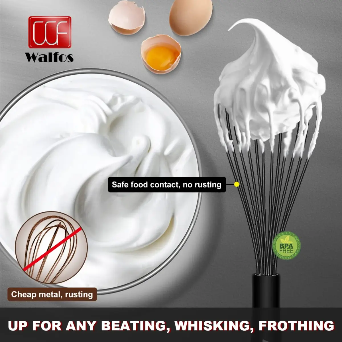 Walfos 7"+9"+11" Stainless Steel Balloon Whisk Set in Black - 3-Piece Heavy Duty Egg Frother - view 3